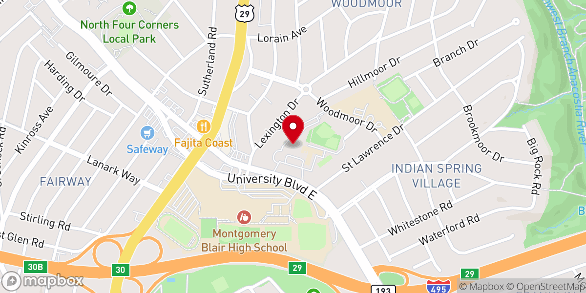 Map showing location of St. Bernadette's Catholic Church, University Boulevard, Silver Spring, MD