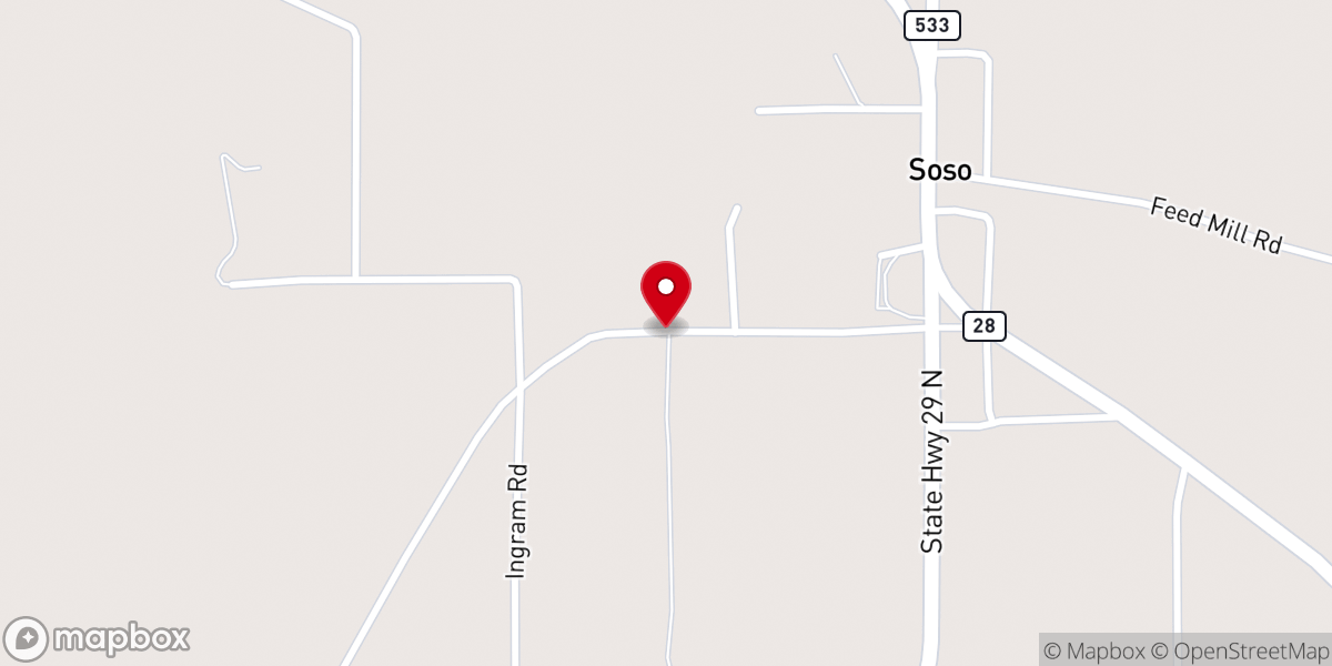 Map showing location of Soso First Baptist Church