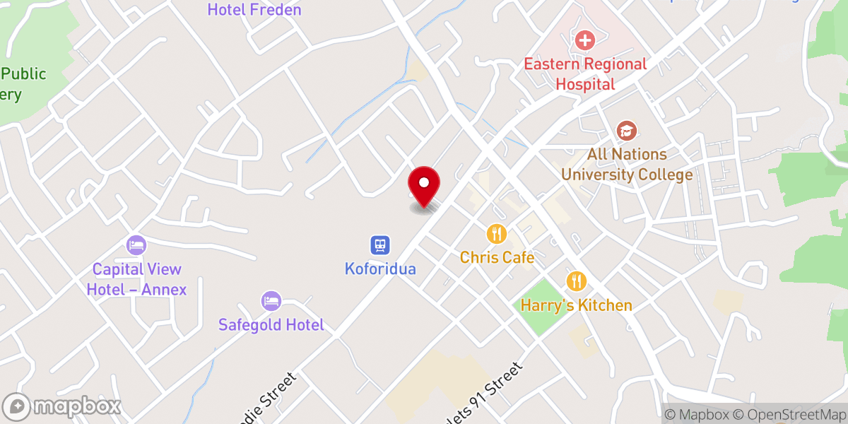 Map showing location of Perez Chapel International- Grace and Mercy Temple Koforidua