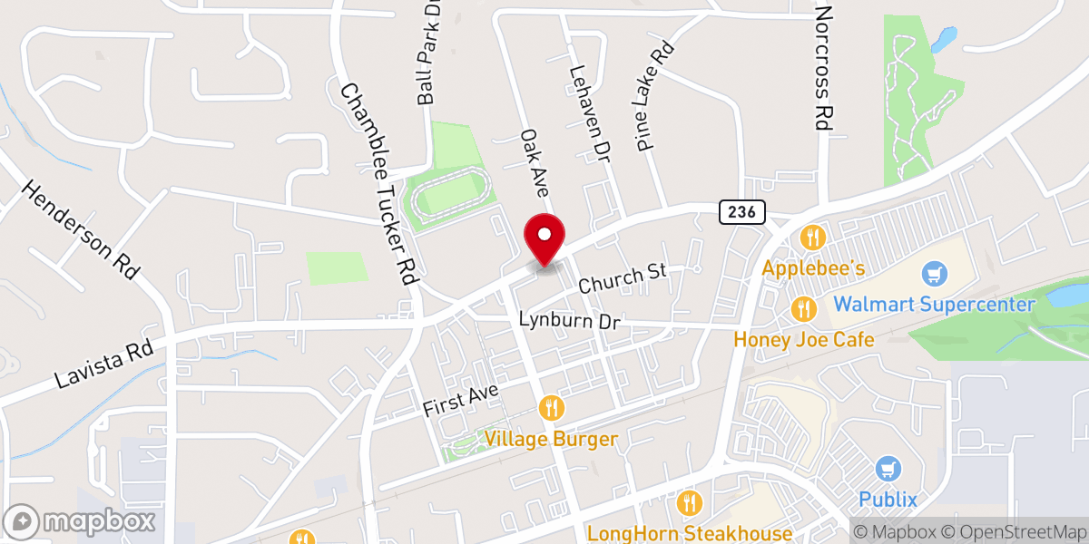Map showing location of First Baptist Church of Tucker