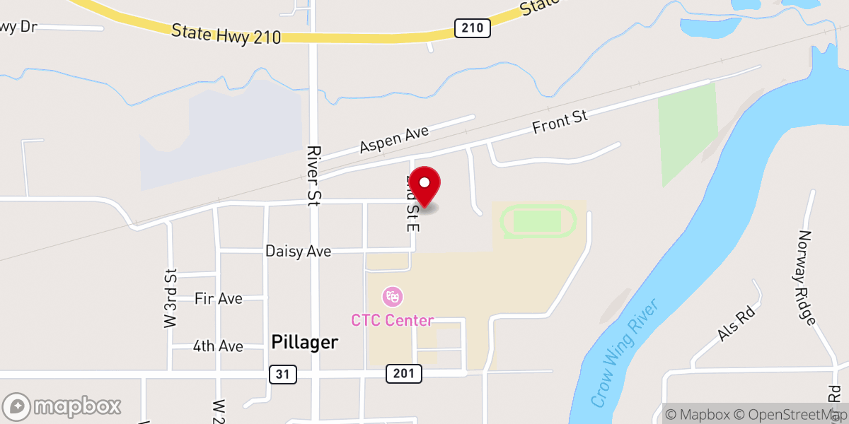 Map showing location of Pillager Community Center