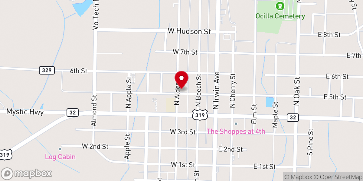 Map showing location of Ocilla Primitive Baptist Church
