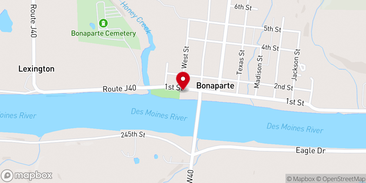 Map showing location of Bonaparte Retreat: Bonaparte, Iowa