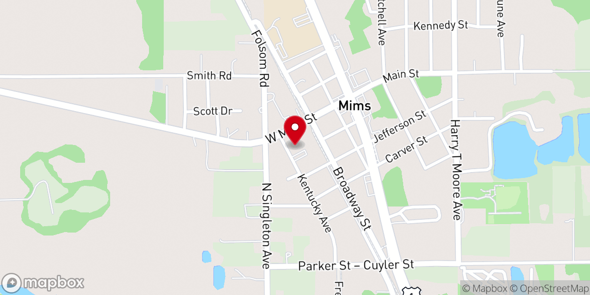 Map showing location of Mims First Baptist Church