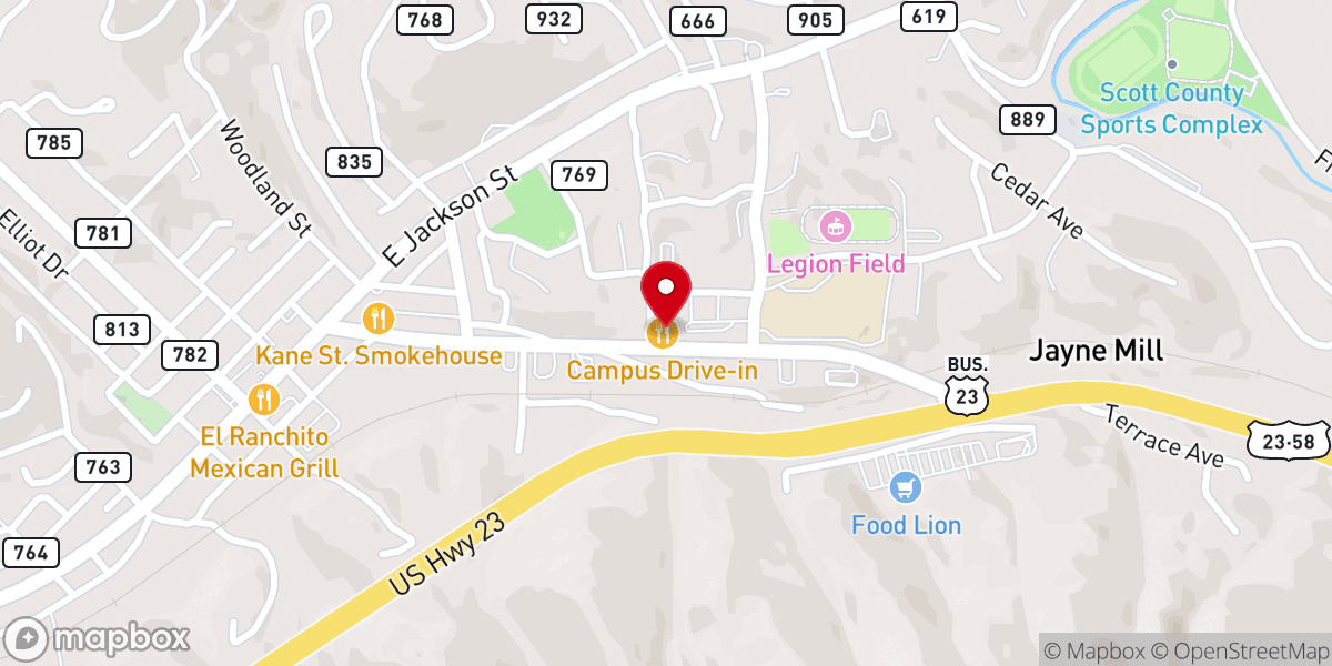 Map showing location of Campus Drive-In