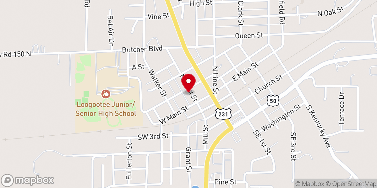 Map showing location of Loogootee Revival Center Church