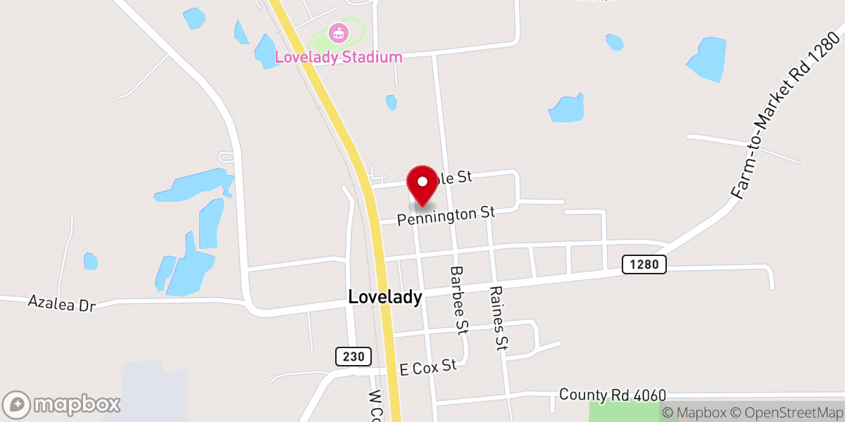 Map showing location of Lovelady United Methodist Church