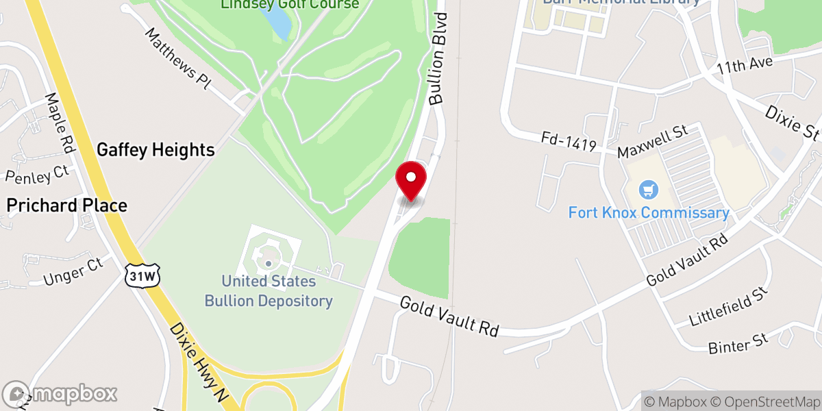 Map showing location of Fort Knox Visitors Center and Chaffee Main Gate