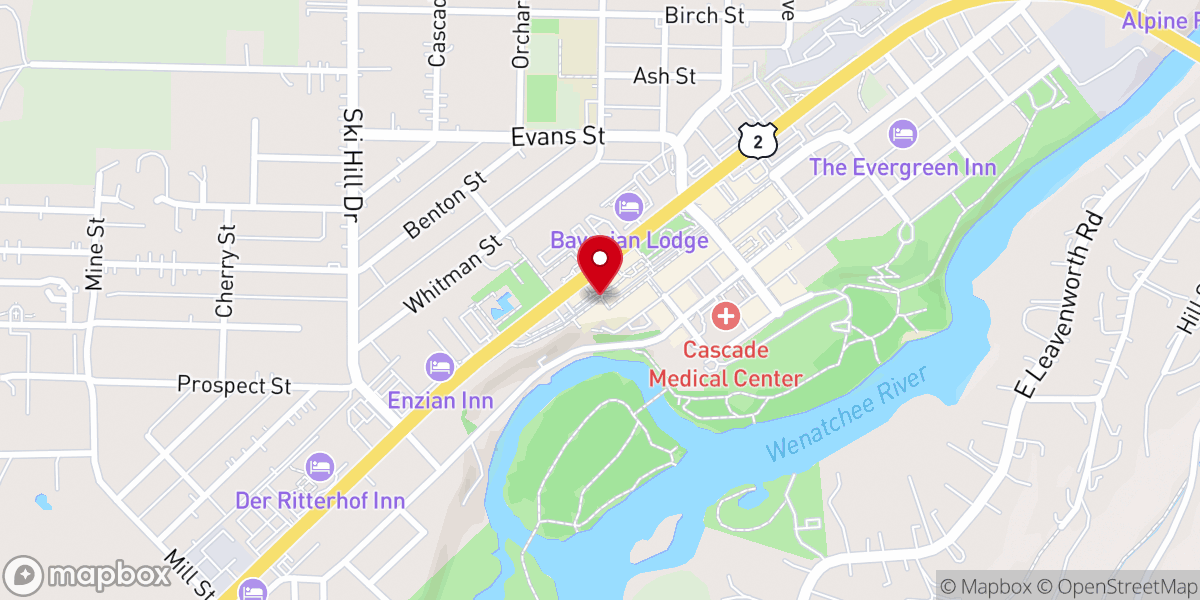 Map showing location of Willkommen Center and Leavenworth Chamber of Commerce