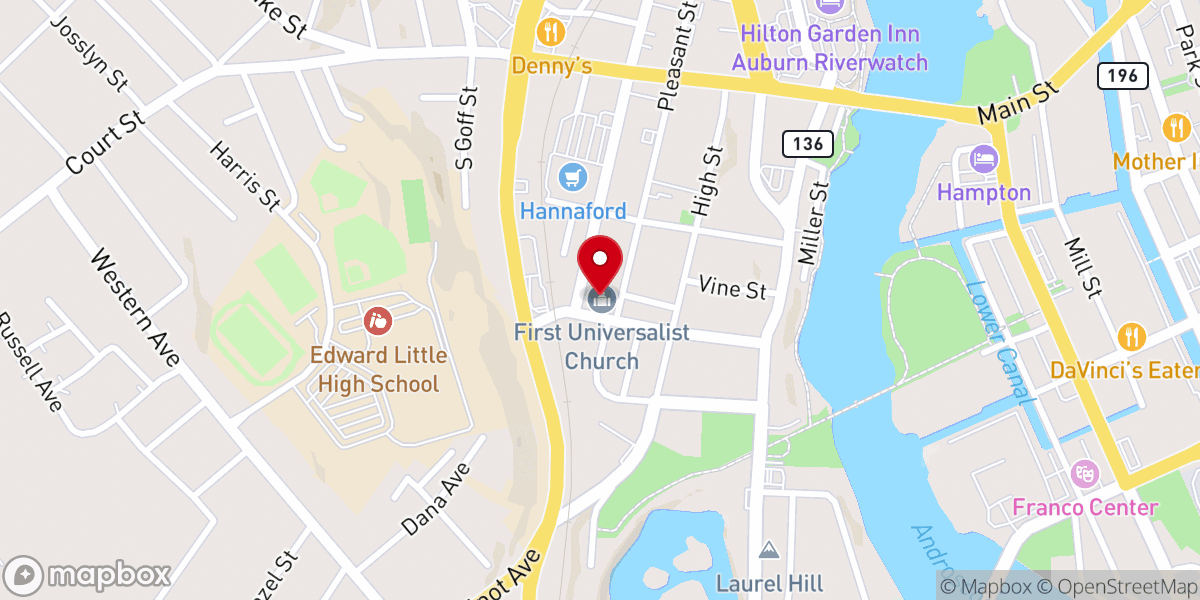Map showing location of First Universalist Church of Auburn: Unitarian Universalist