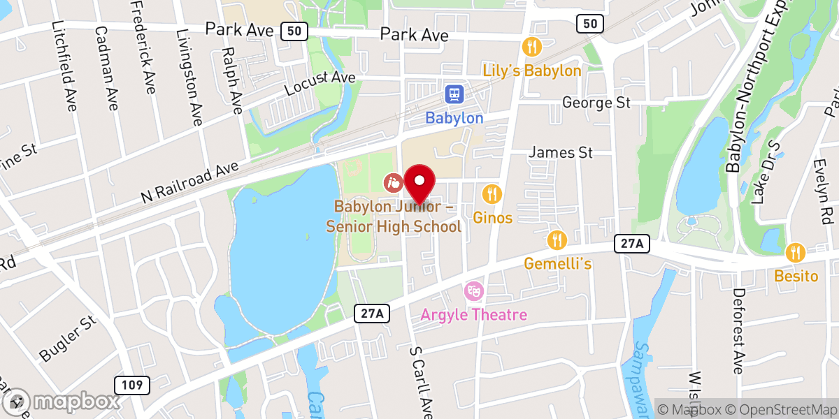 Map showing location of Saint Joseph's Church @Babylon - Food Distribution Center