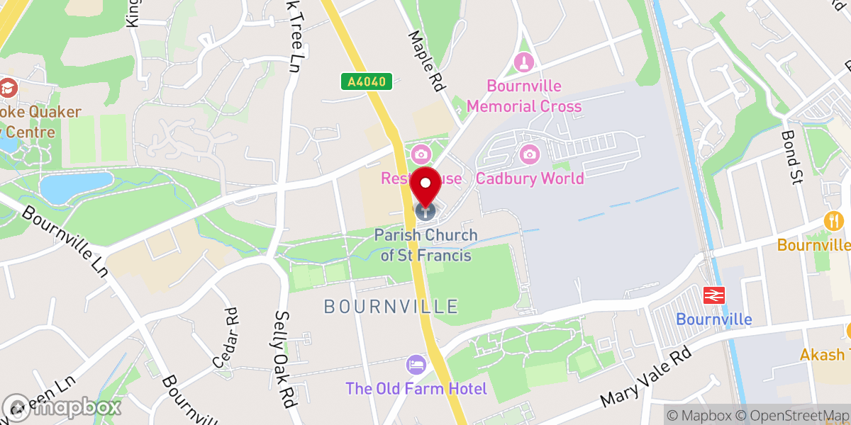 Map showing location of Bournville Parish Church, St Francis of Assisi