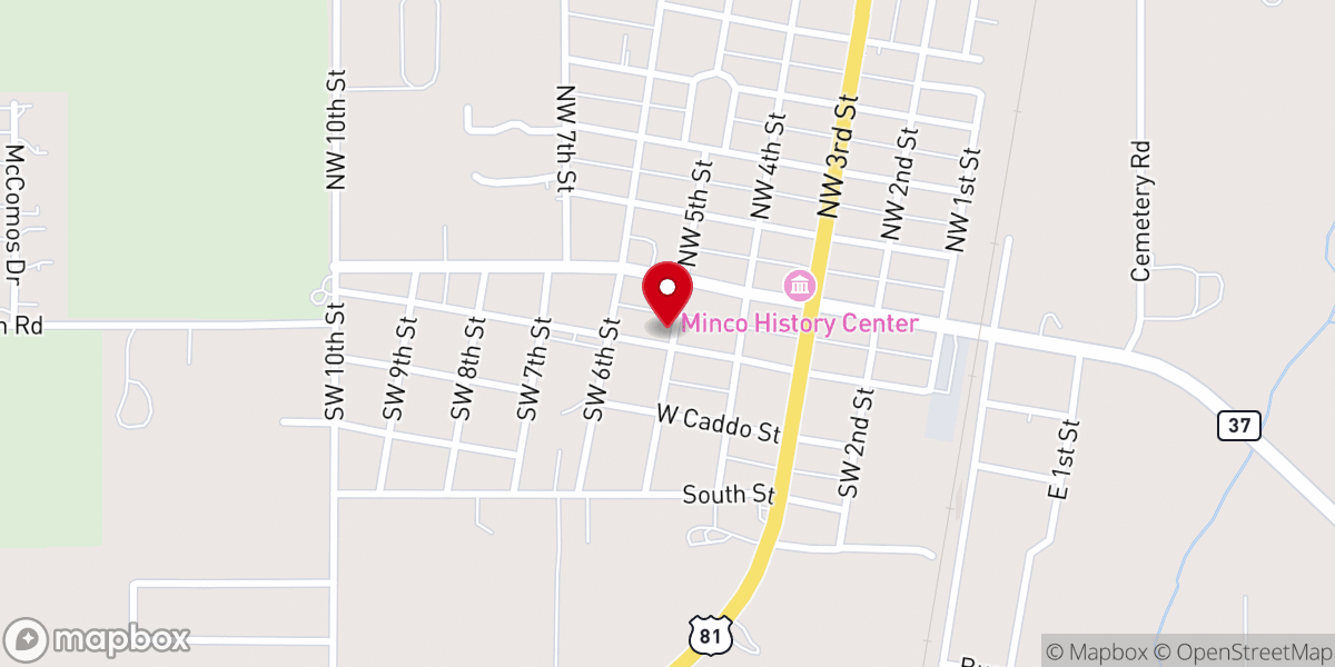 Map showing location of Minco First Baptist Church