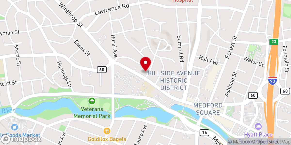 Map showing location of Food Cupboard - UU Church of Medford - Food Distribution Center