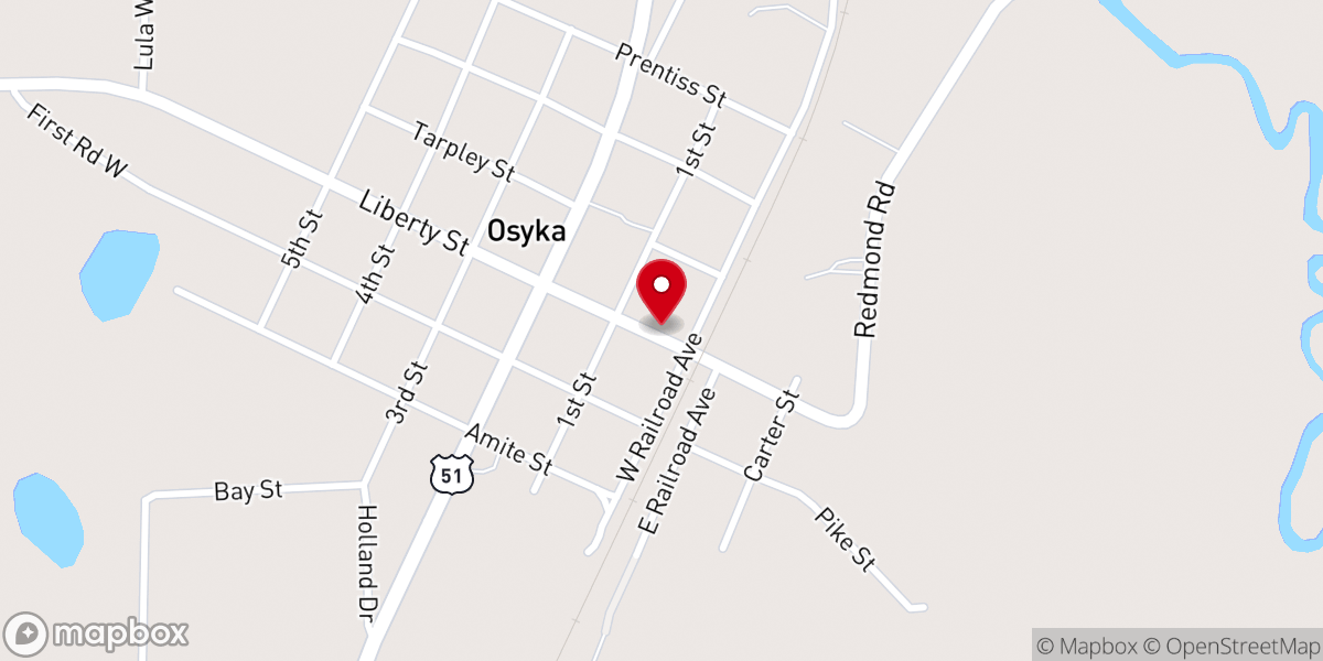 Map showing location of Osyka City Hall