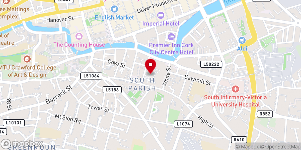Map showing location of St Finbarr's South Roman Catholic Church