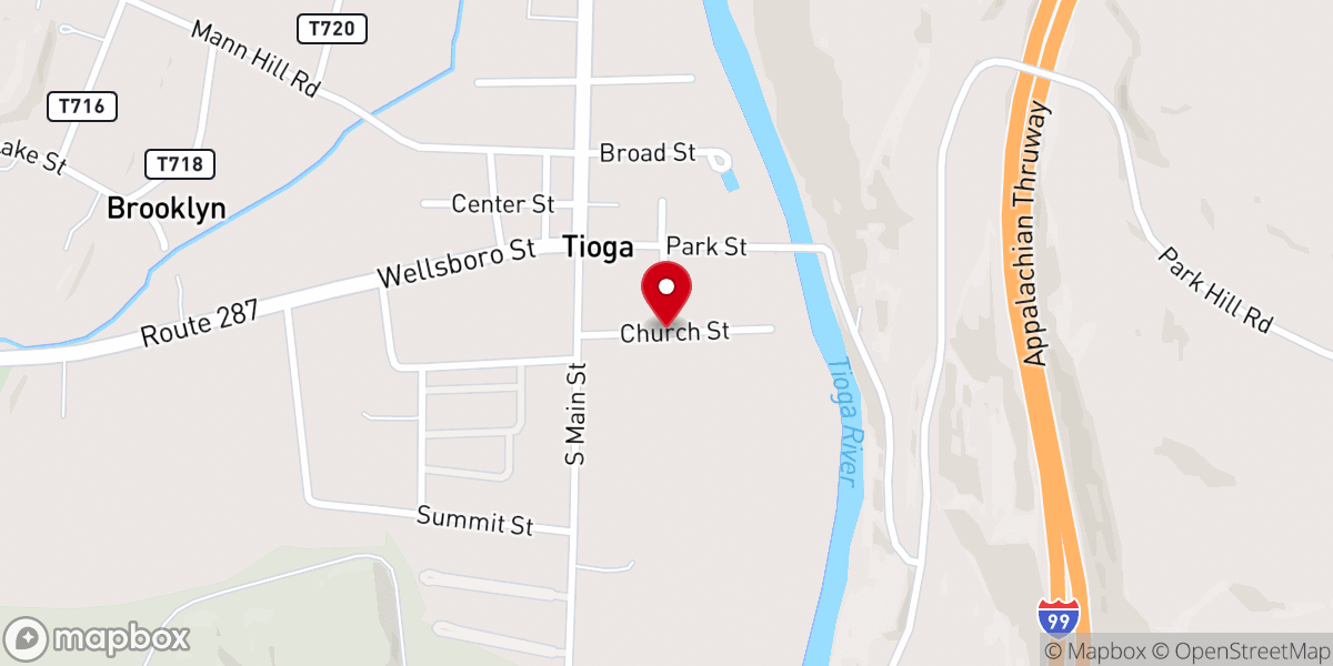Map showing location of First Baptist Church-Tioga