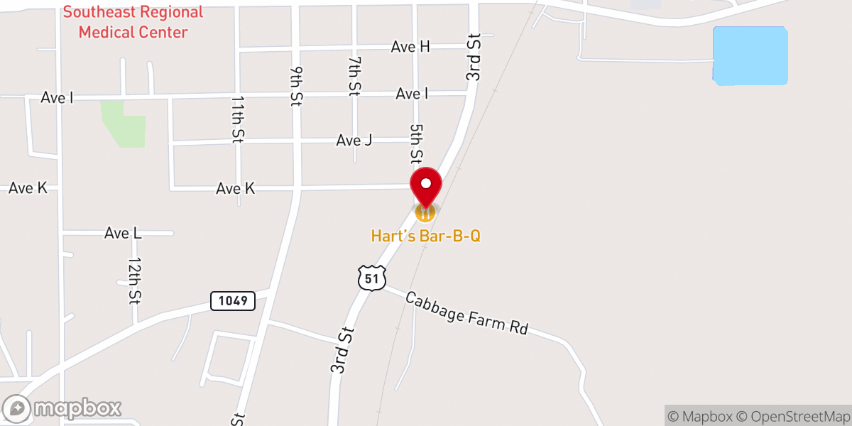 Map showing location of Hart's Bar-B-Q