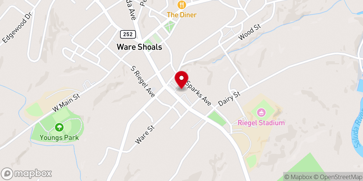 Map showing location of First Baptist Church of Ware Shoals