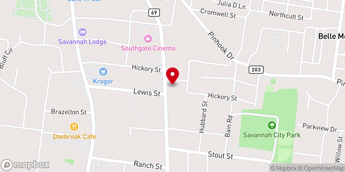 Map showing location of Southside Baptist Church