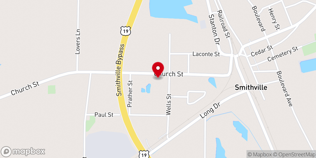 Map showing location of Smithville Baptist Church