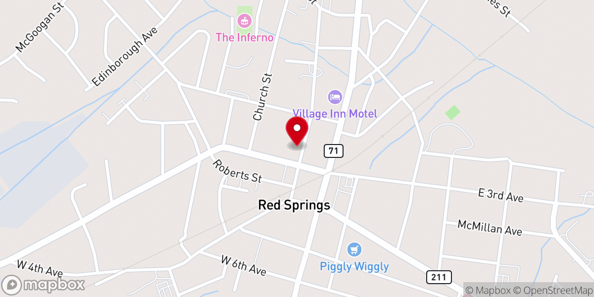 Map showing location of Red Springs Presbyterian Church