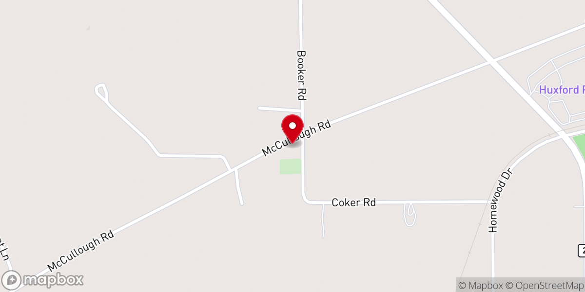Map showing location of Huxford Baptist Church