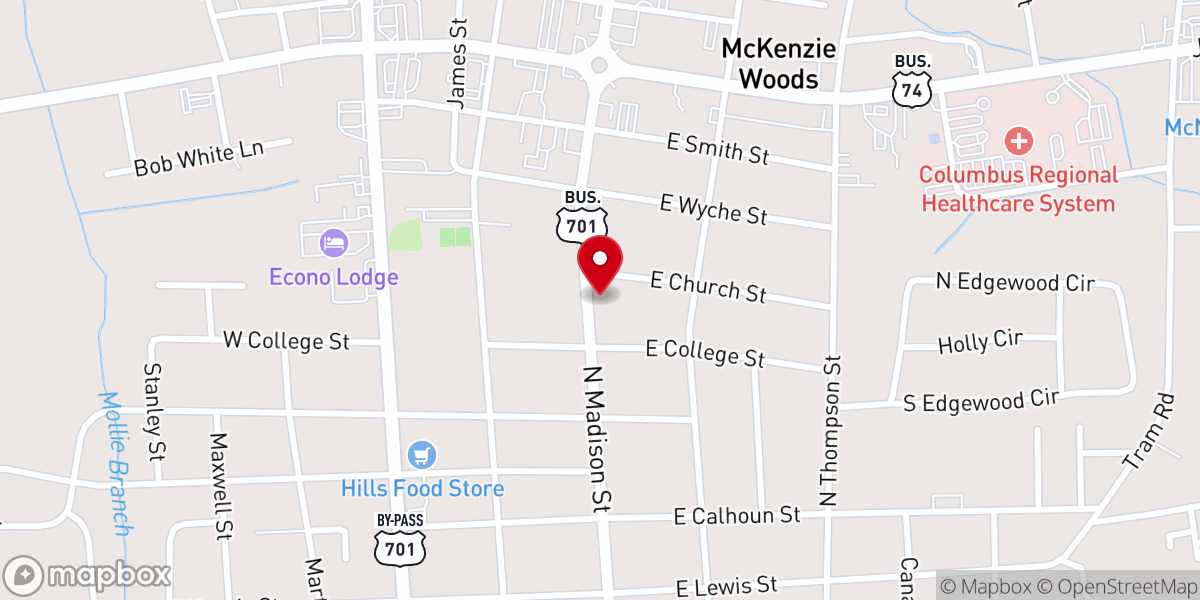 Map showing location of First Baptist Church Whiteville