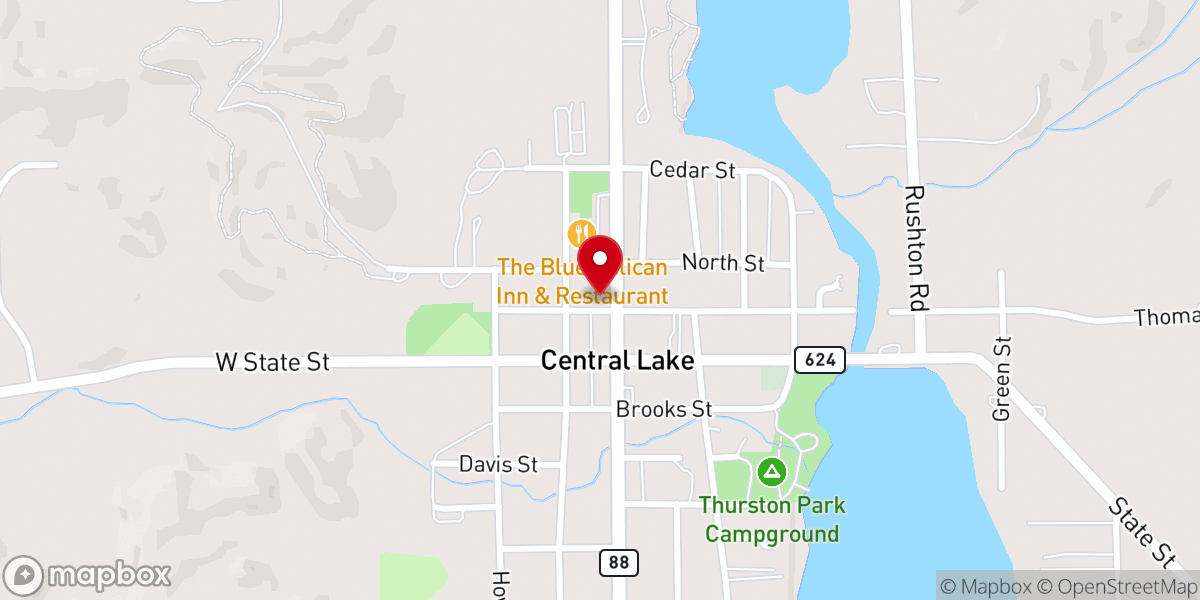 Map showing location of Central Lake Pizza Co.