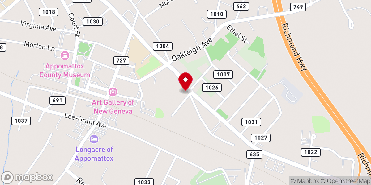 Map showing location of Appomattox Assembly of God Church