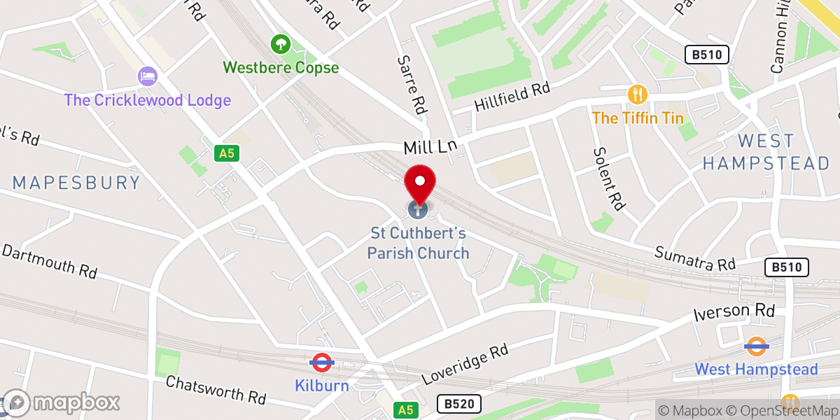 Map showing location of St Cuthbert's Church, West Hampstead