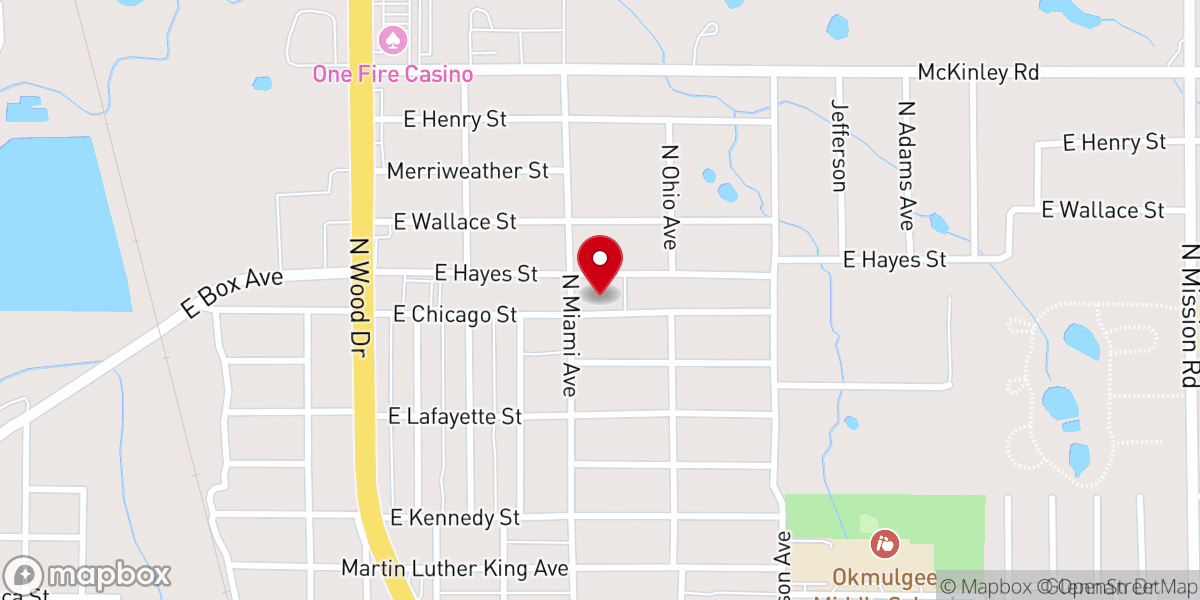 Map showing location of Maranatha Seventh-day Adventist Church, Okmulgee, Ok
