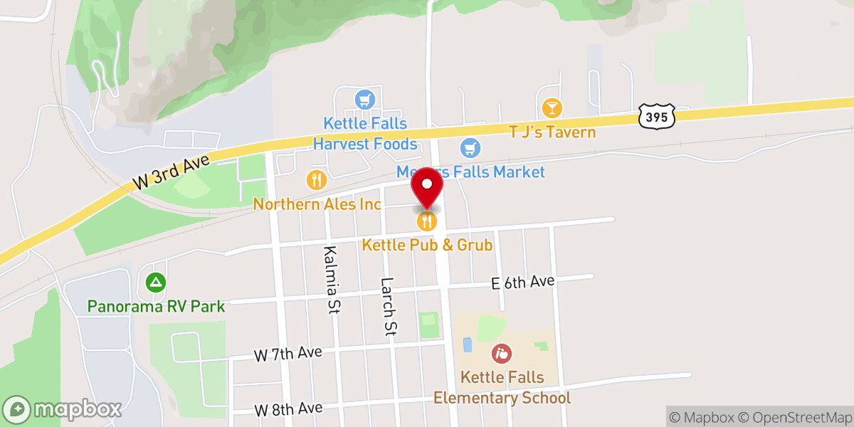 Map showing location of Kettle Falls Community Chest and Food Bank