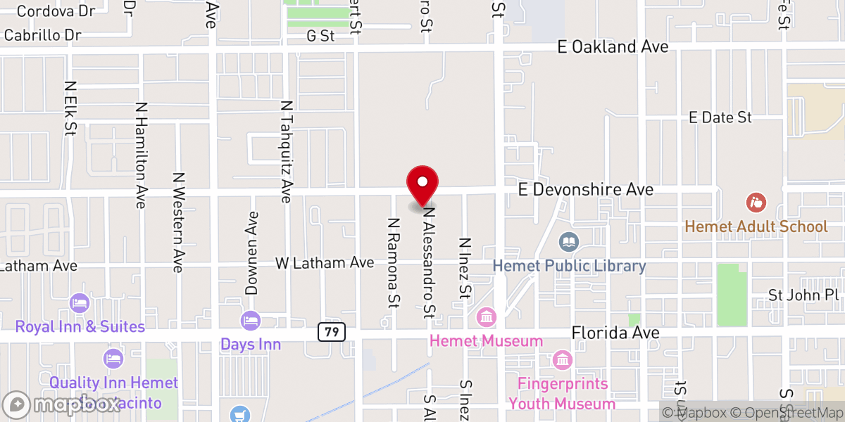 Map showing location of Iglesia Restauracion Familiar (Family Restoration Church) Hemet (FRC Hemet)