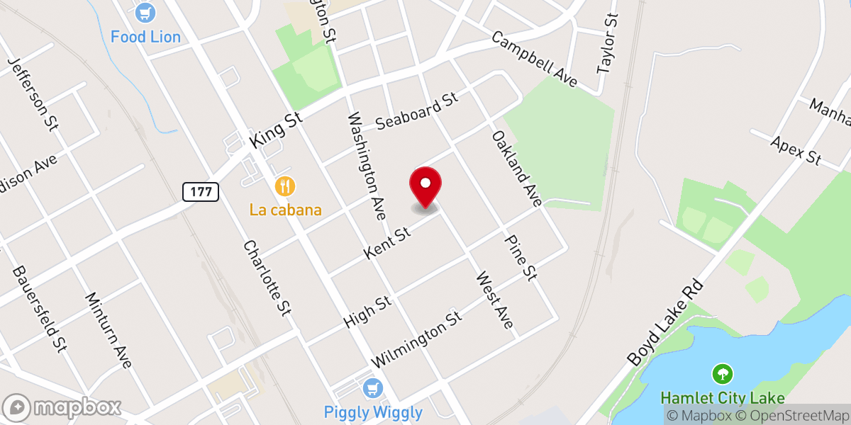 Map showing location of First Baptist Church of Hamlett