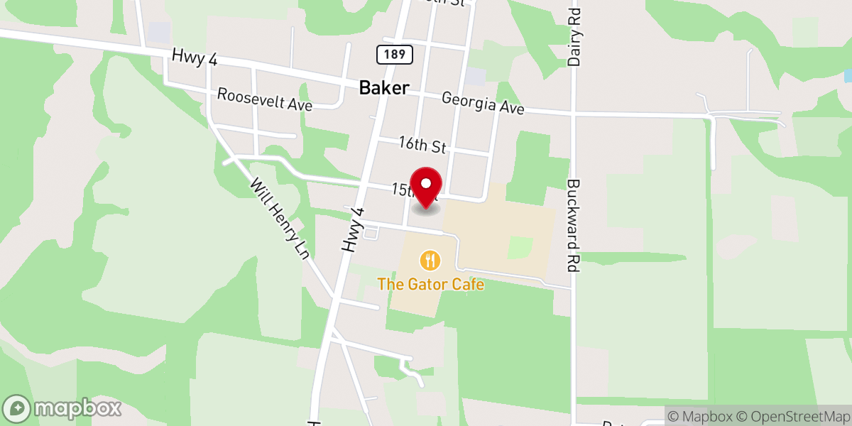 Map showing location of First Baptist Church of Baker, Florida