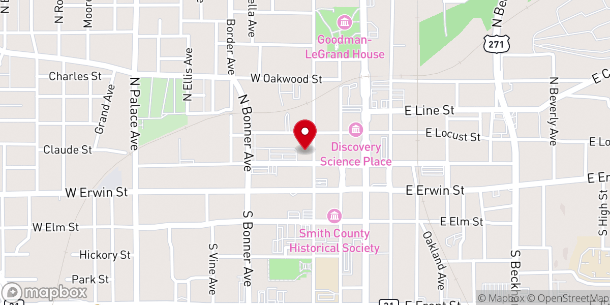 Map showing location of First Baptist Church Tyler