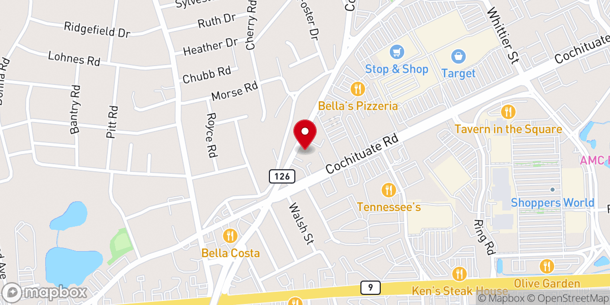 Map showing location of Christian Science Church and Reading Room Framingham