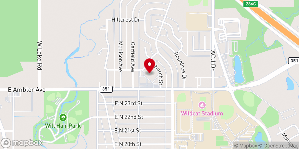 Map showing location of Hillcrest Church of Christ