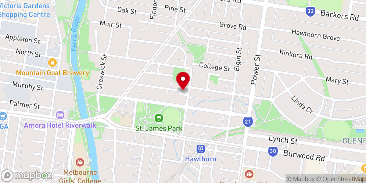 Map showing location of Hawthorn West Baptist Church