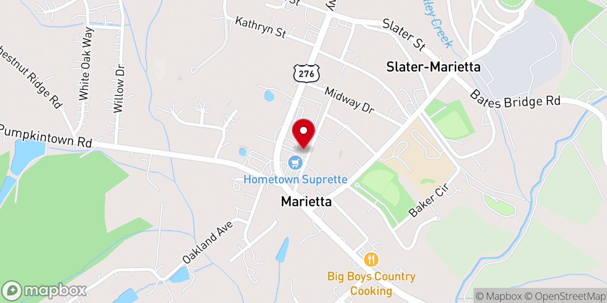 Map showing location of Marietta First Baptist Church - Food Distribution Center