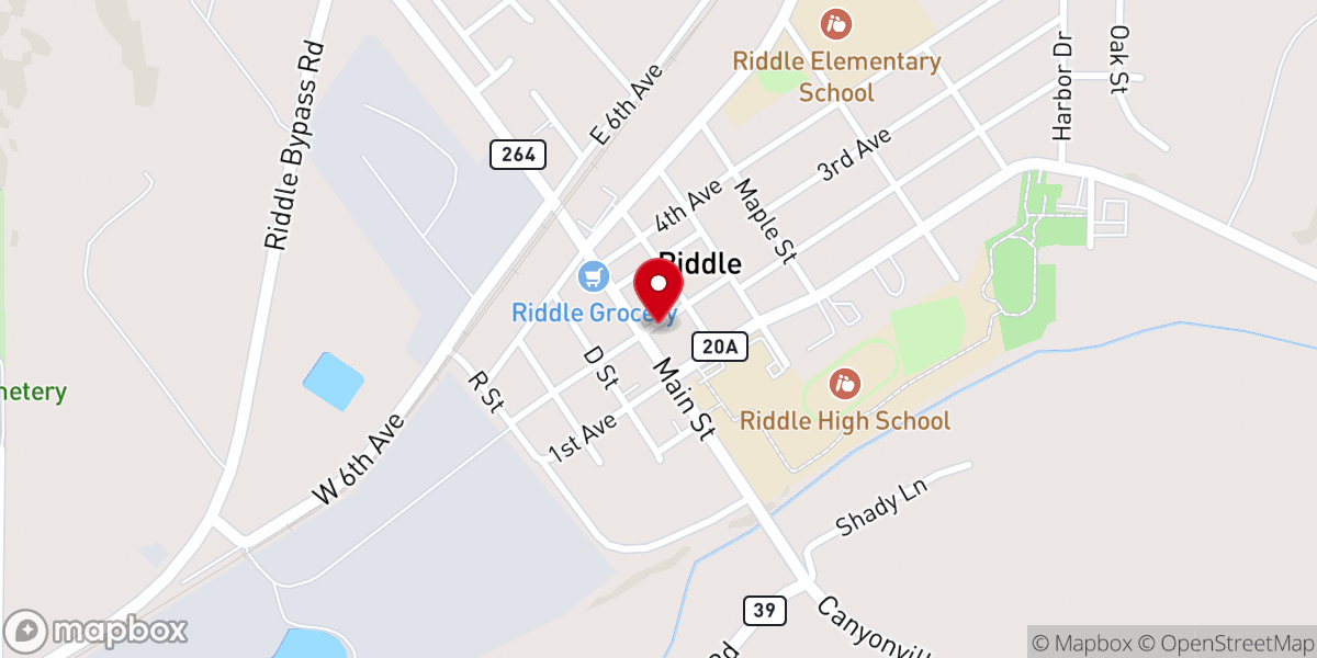 Map showing location of 2nd Ave & Main St (First Baptist Church of Riddle)