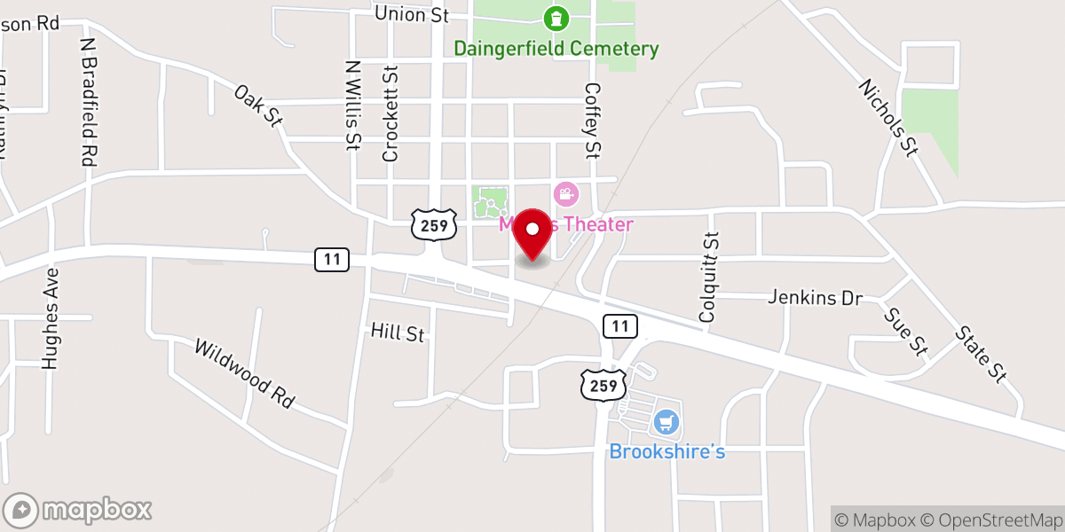 Map showing location of First Baptist Church Daingerfield