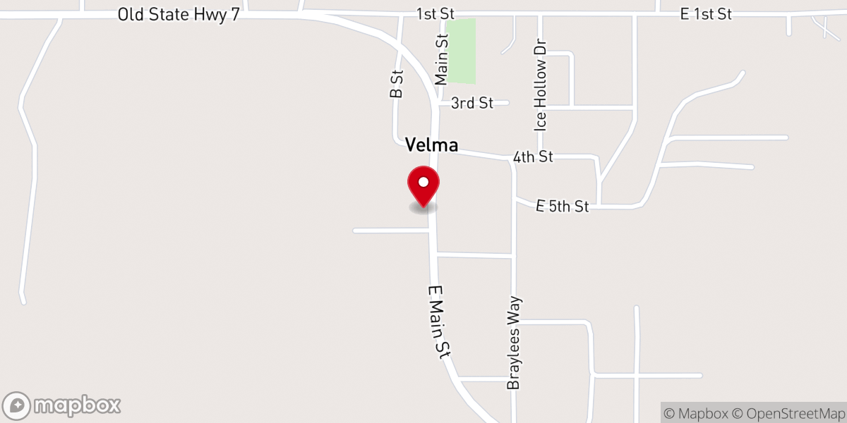 Map showing location of Velma Assembly of God Church