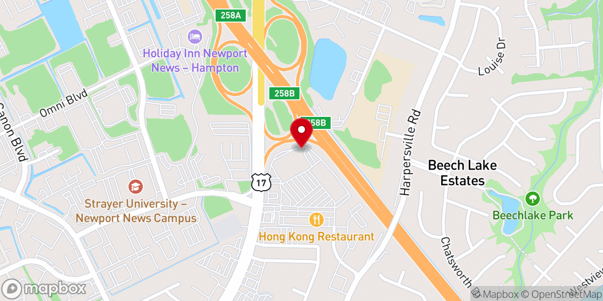 Map showing location of Waters Edge Church Newport News