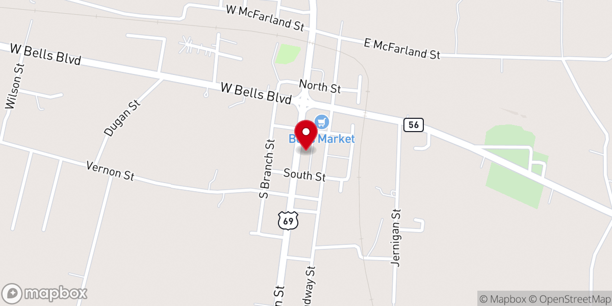 Map showing location of First Baptist Church of bells