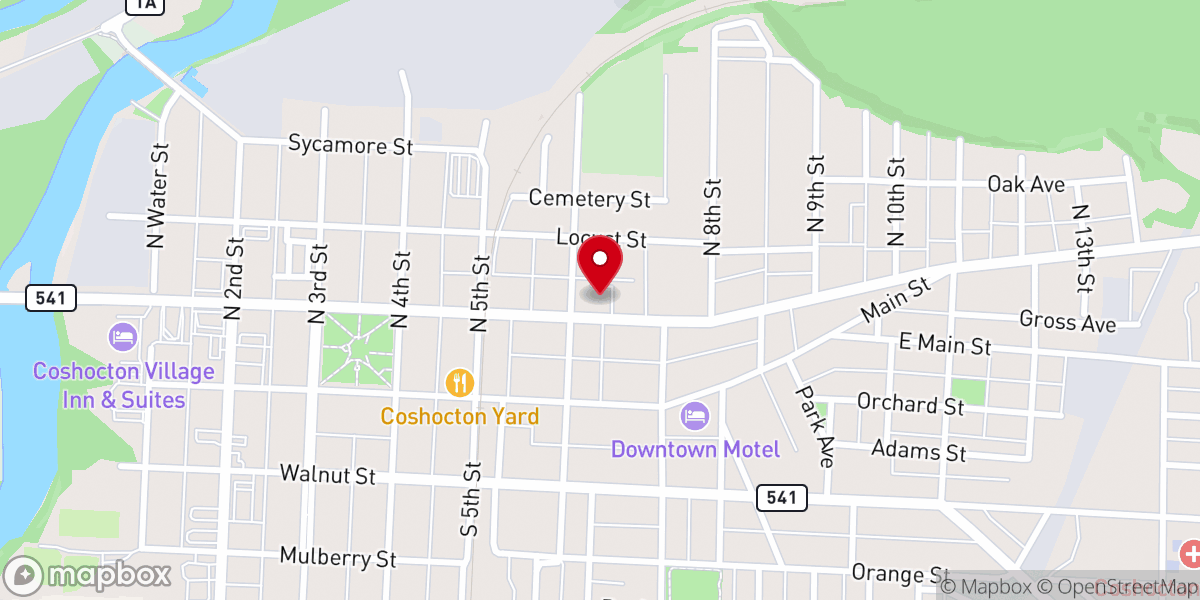 Map showing location of First Baptist Church of Coshocton, Worship 9:30 am Sunday