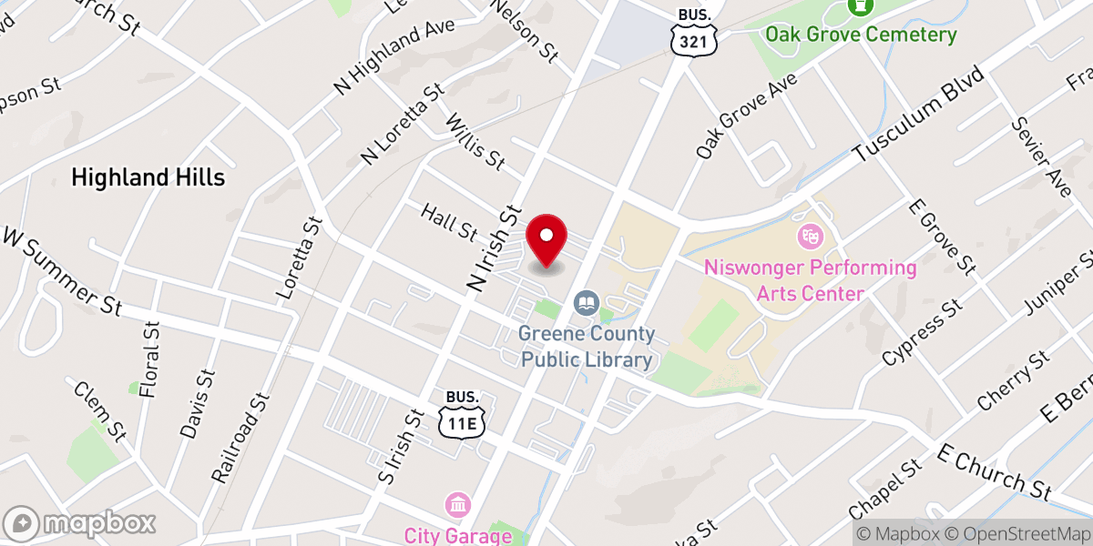Map showing location of First Baptist Church of Greeneville