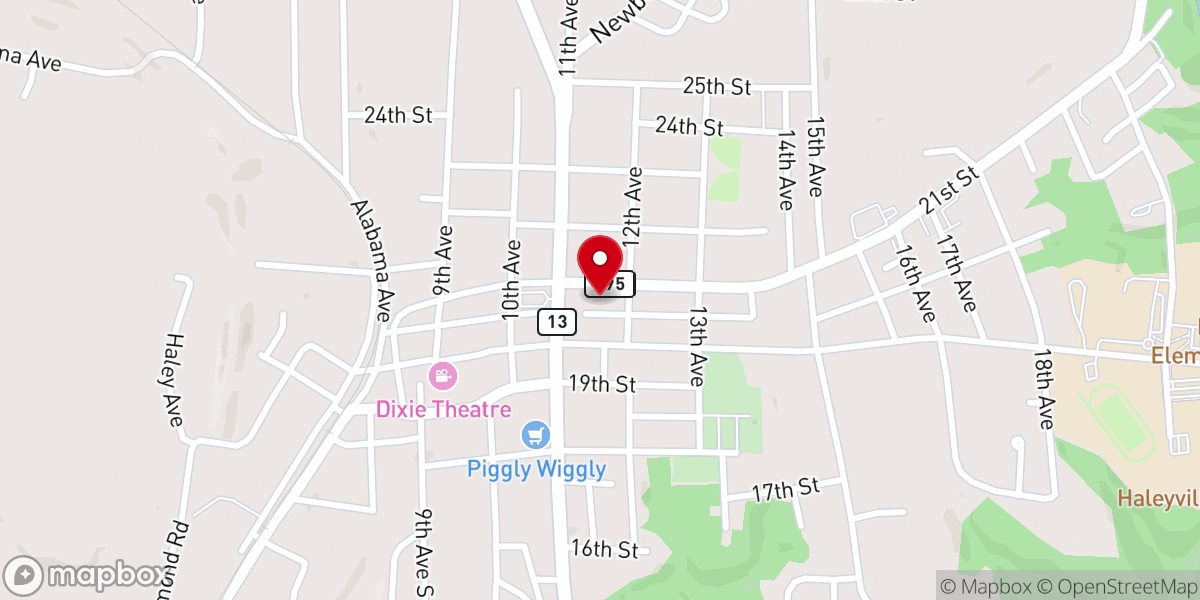 Map showing location of First Baptist Church of Haleyville