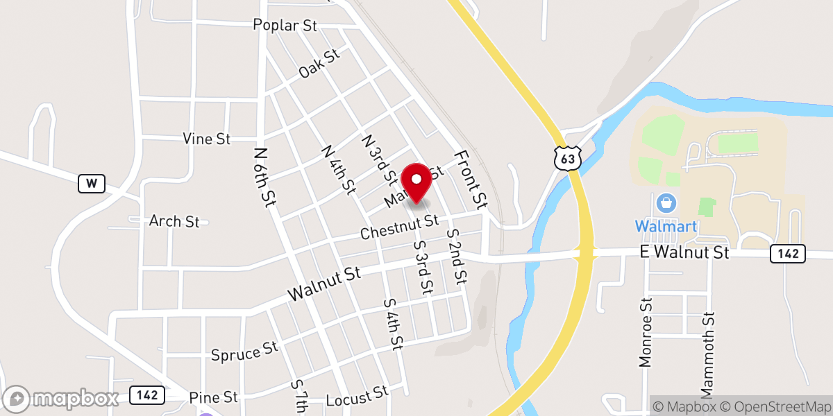 Map showing location of First Baptist Church of Thayer
